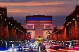 Arc de Triomphe over traffic at night, Paris, Ile-de-France, France ...