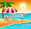 Los niños de dibujos animados se relajan en la playa | Vector Premium