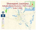 Shreveport + Bossier Louisiana US City PDF Map Vector Exact City Plan ...