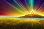 The New Jerusalem Holy City of Zion glowing with the glory of God in front of a grassy plain ...