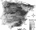 Elevation map of mainland Spain. Regions and locations of the weather ...