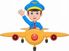Joven piloto de dibujos animados montando un avión | Vector Premium