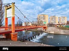 Orjol. Russia. Suspended (Jubilee) pedestrian bridge over the Orlik ...