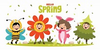 temporada de primavera con niños de dibujos animados 13474190 Vector en ...