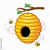 Yellow honey hive with cute bees hanging on a tree branch vector image ...