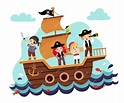 Ilustración caricatura de piratas de niños en el barco en el mar ...