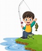 niño pequeño de dibujos animados pescando en el lago 8916543 Vector en ...