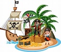 Barco pirata en la isla con piratas personaje de dibujos animados ...