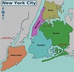 Mapa dos 5 distritos (boroughs) e bairros de Nova York