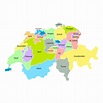 Fondo del mapa de suiza con nombres de regiones y ciudades en color ...
