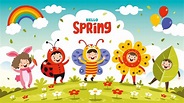 Temporada de primavera con niños de dibujos animados | Vector Premium
