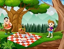 dibujos animados de dos niños disfrutando de comida de picnic juntos ...