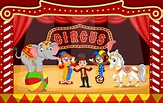Cartoon circus performers on circus arena with clowns, tamer and ...