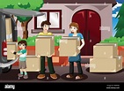 Una ilustración vectorial de familia feliz mudanza y teniendo en cajas ...