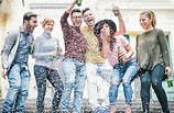 Group of happy friends doing party drinking beer and throwing - stock ...