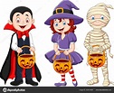 Enfants Bande Dessinée Avec Costume D'halloween Tenant Panier ...
