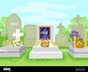 Ilustración de tumbas en el cementerio con flores y velas para el Día ...