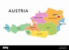 Austria, mapa político, con estados de color, la capital Viena y las ...