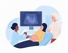 Couple at baby ultrasound scan 2D vector isolated illustration ...