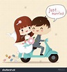 Wedding illustration. Just married. Groom and bride on the motorcycle ...