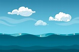 Paisaje de dibujos animados de mar u océano con cielo y nubes | Vector ...