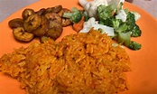 Nigerian jollof rice with fried plantains and vegetables :) - Dining ...