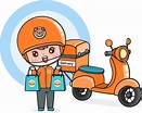 Cartoon character delivery man sending food, take away, ride motorbike ...