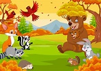 Dibujos animados de animales salvajes en el bosque de otoño | Vector ...