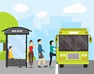Parada de autobús de dibujos animados con transporte y personas. Vector ...