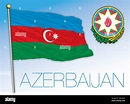Azerbaiyán bandera nacional oficial con el escudo de armas, ilustración ...