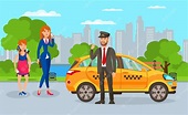 Conductor de taxi y la ilustración de dibujos animados de pasajeros ...