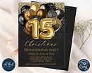 Black and Gold Birthday Invitation Template Editable 15th - Etsy