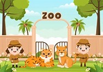 Zoo Cartoon Illustration with Safari Animals Lion, Tiger, Cage and ...