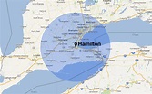 hamilton canada | Map of Hamilton, Ontario, Canada with 100 km (60 mile ...