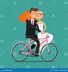 Happy Couple or Newlyweds. Bride and Groom Ride Bicycle. Wedding ...