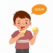 cute little boy holding lemon showing sour taste of tongue five senses ...