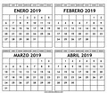 Calendario 2019 para imprimir: enero, febrero, marzo y abril
