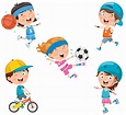 Conjunto de niños felices de dibujos animados jugando deportes 931796 ...