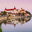 Neuburg Castle reflected in the River Danube at dawn, Neuburg, Neuburg ...