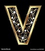 V gold letter with swirly ornaments Royalty Free Vector