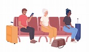 Passengers waiting for train and bus in waiting room semi flat color ...