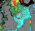 Map indicating water depth in the North Sea as well as showing the ...