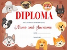 Diploma de niños con divertidos perros y cachorros, certificado ...