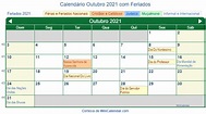 Calendário de Outubro de 2021 para impressão - Brasil
