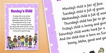Monday's Child Nursery Rhyme Poster - Kindergarten songs - Twinkl