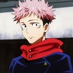 an anime character with pink hair wearing a blue coat and red scarf ...