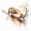 Wall Art Print | Sloth sleeping on branch, watercolor illustration ...