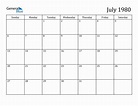 July 1980 Monthly Calendar (PDF, Word, Excel)