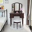 Mecor Vanity Table Set w/Tri-Folding Mirror,Wood Makeup Table and Round ...