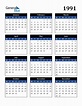 1991 Yearly Calendar Templates with Monday Start